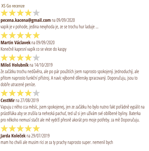 Recenze XS Go ze starého webu kvalitnivaporizer.cz, neověřeno. 